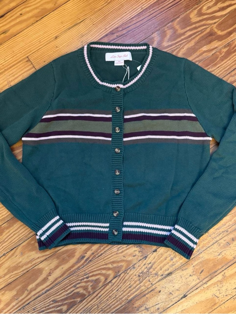 Lisa Says Gah Teal Green Striped Button Cardigan